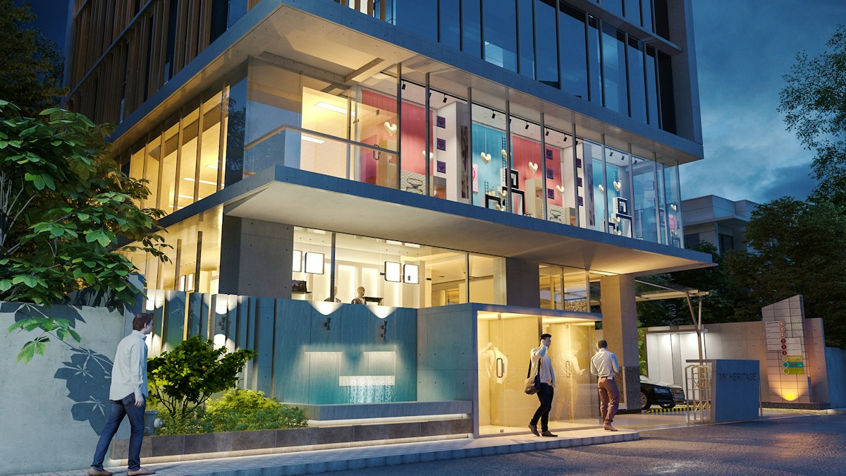 People arriving at a modern building
