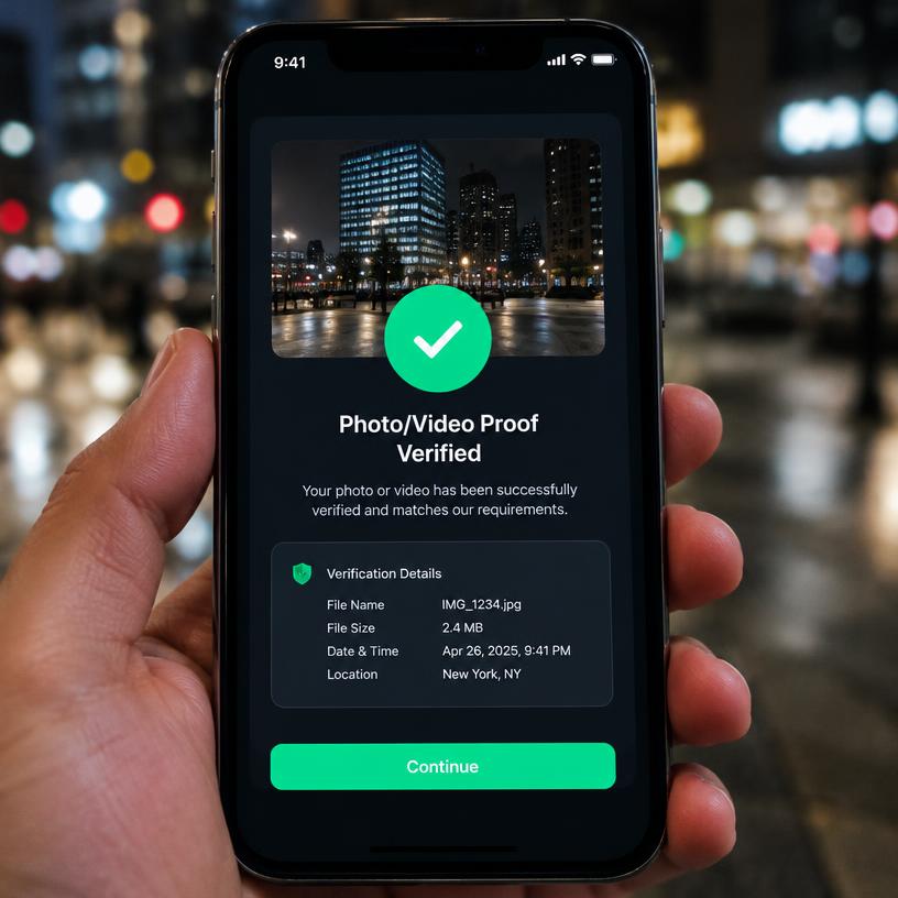 A verified photo proof card with a checkmark